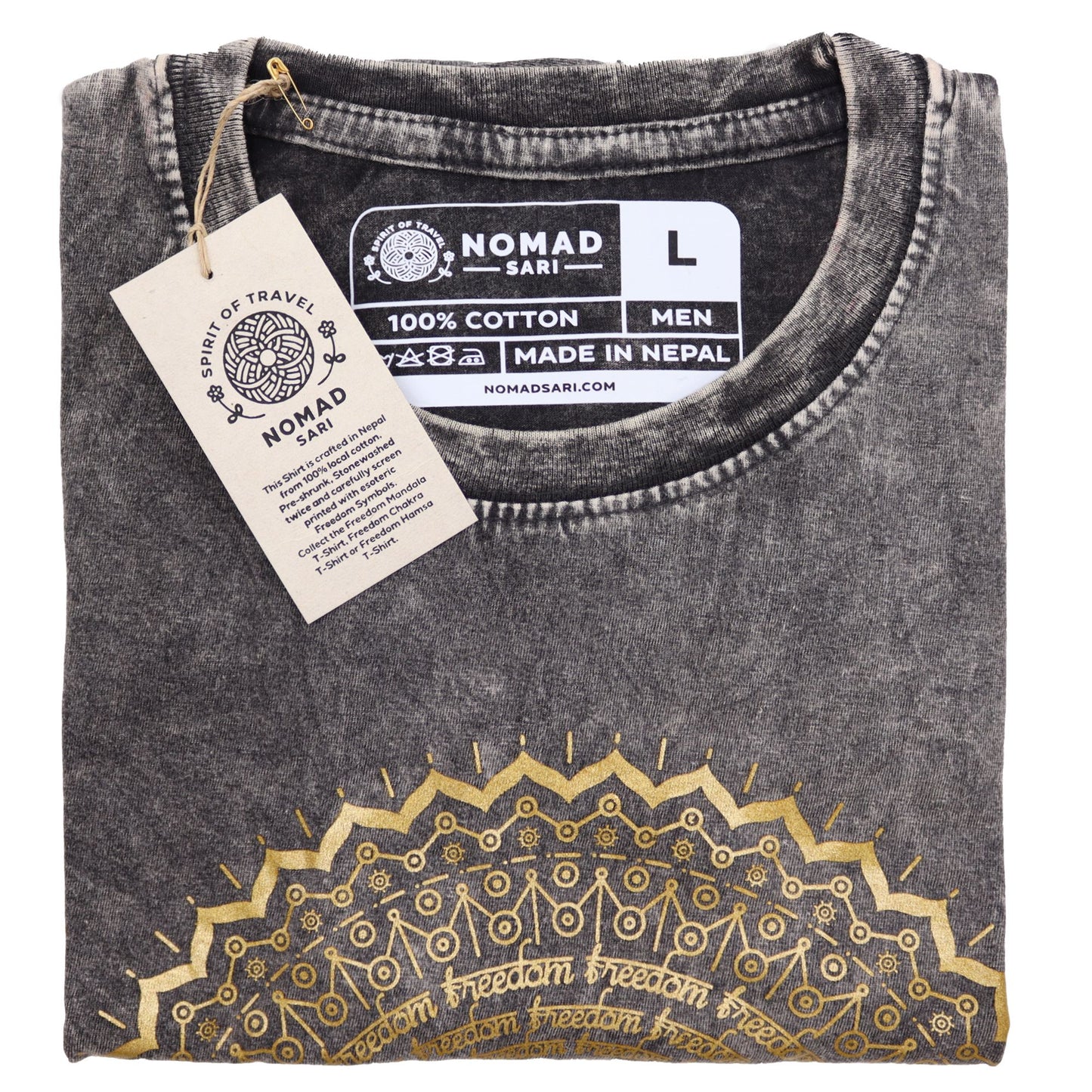 Nomad Sari Stonewashed Cotton T-Shirt – Mandala – Mörkgrå – Large