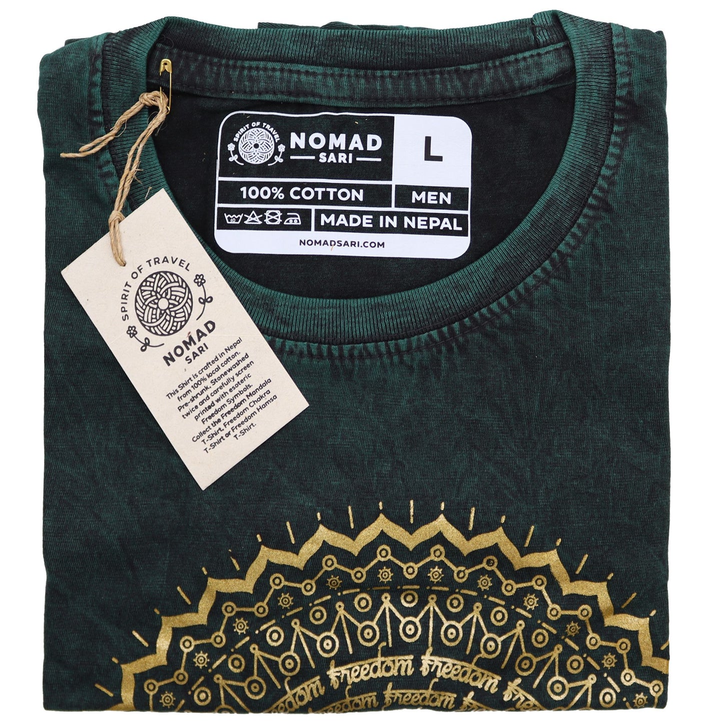 Nomad Sari Stonewashed Bomull T-shirt – Mandala – Grön – Large