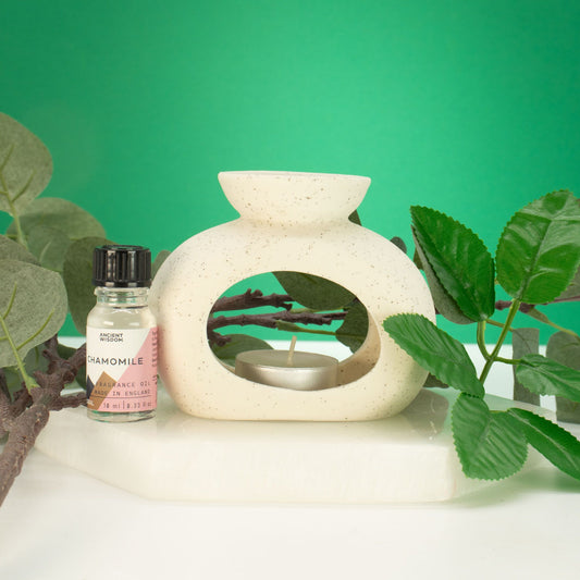 Zen-oljebrännare i keramik – Oval sten – Spräcklig benvit