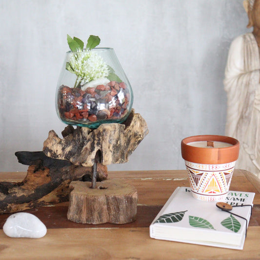 Smält glas på trä med ställning - Stor skål