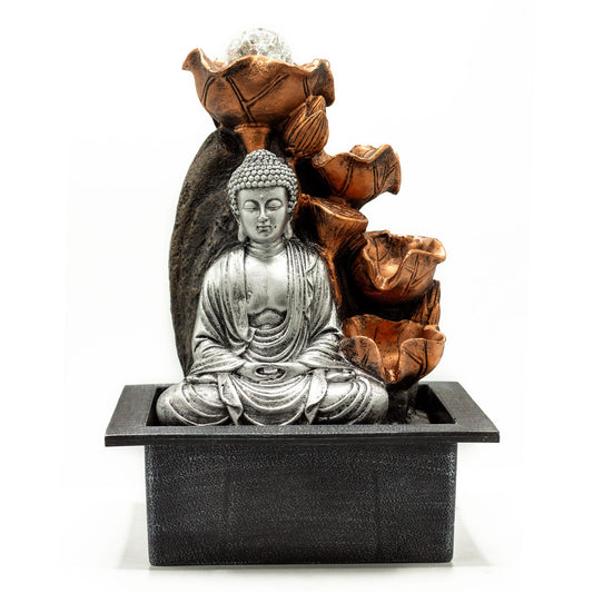 Bordsvattenfontän – 35 cm – Buddha-kaskad & kristallkula, silver