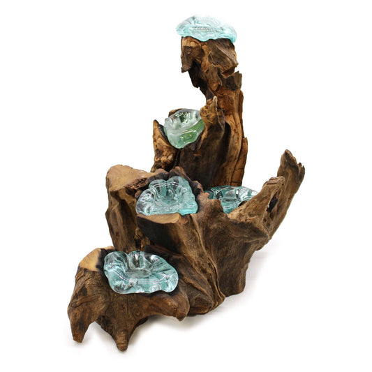 Ljusstake i gjutet glas för fem ljus på träfot