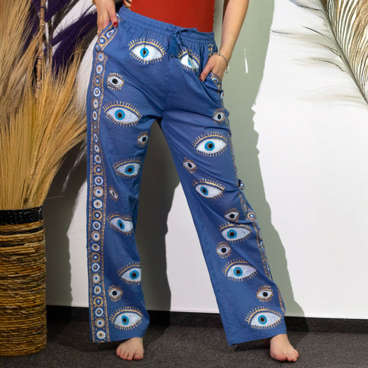 (ML) Nomad Sari On the Med Collection - Lounge Pants - Mörkblå och gul handmålad onda ögat-design
