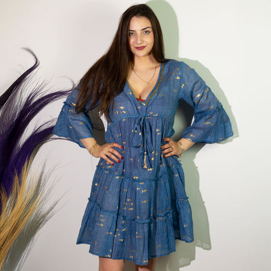 (LXL) Nomad Sari Ur Medelhavskollektionen - Klänning - Havsblå & Guldfisksdesign