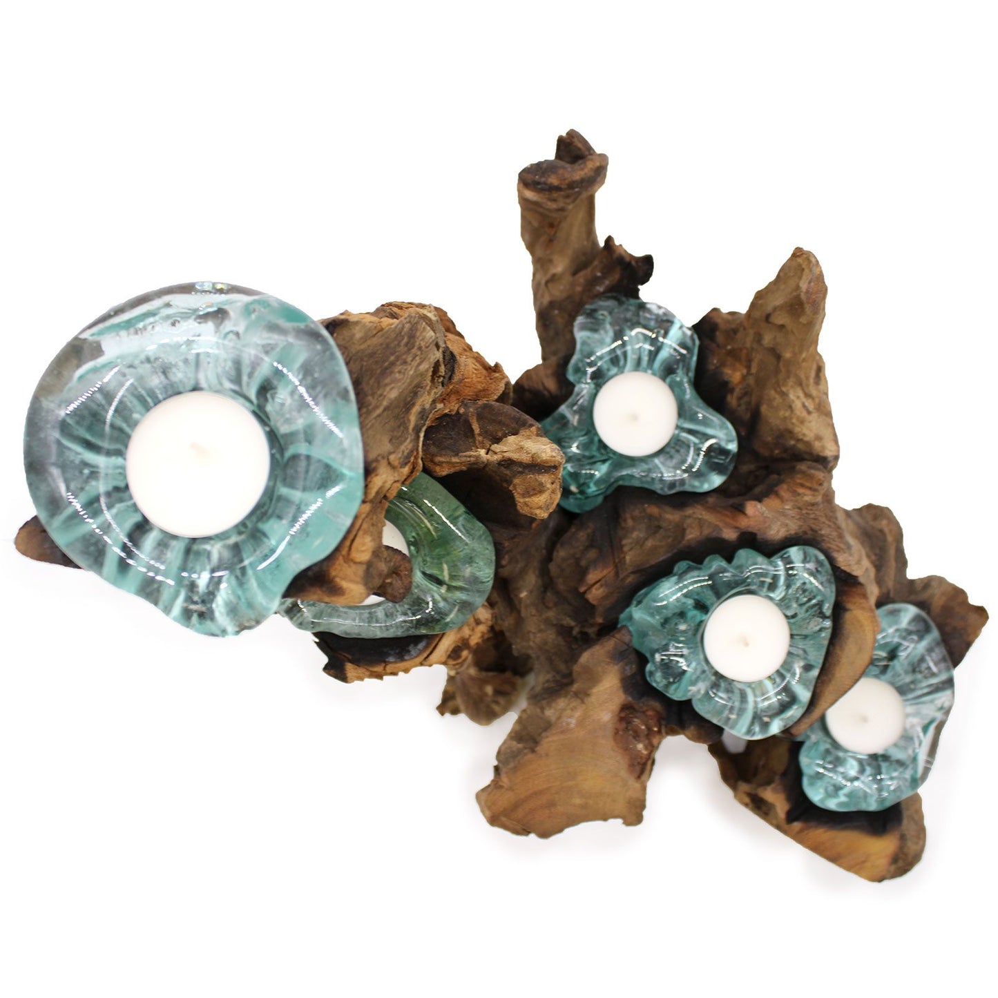 Ljusstake i gjutet glas för fem ljus på träfot