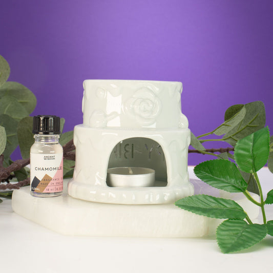 Oljelampa i keramik (kakform) - GRATTIS PÅ FÖDELSEDAGEN - Vit